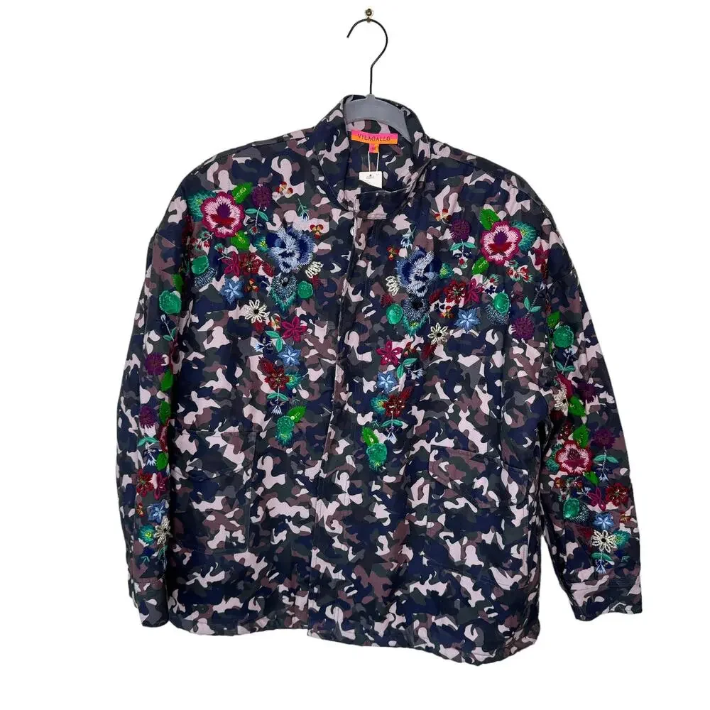 Vilagallo Anthropologie Embroidered Camo Sequin Jacket M
